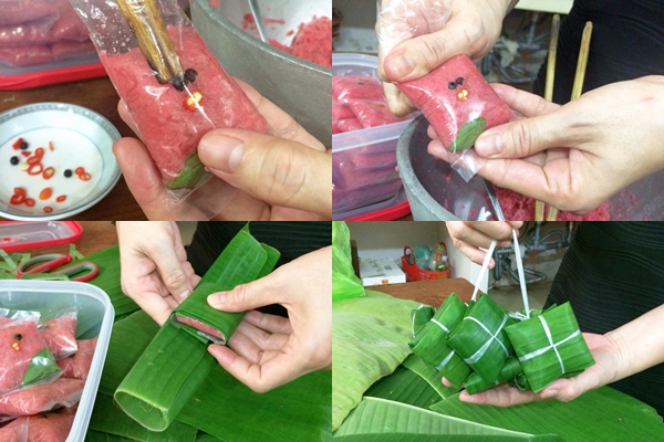 cách gói nem chua vuông bằng lá chuối