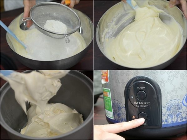 cho hỗn hợp bột vào nồi cơm điện