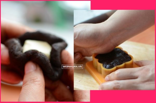 bọc nhân và đóng khuôn làm bánh nướng trung thu socola
