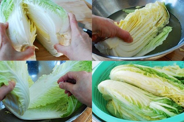 cắt cải thảo ngâm rửa nước muối