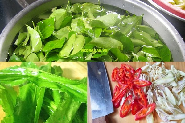 ngâm lá giang với nước muối sơ chế nguyên liệu
