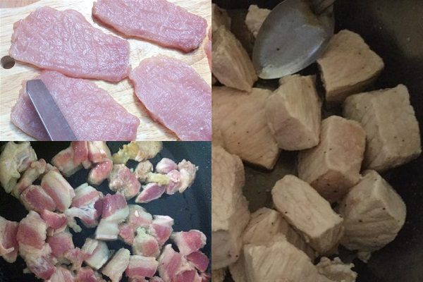 Bước cắt thịt heo thành khối nhỏ và ướp gia vị làm chà bông. cắt thịt heo thành khối nhỏ và ướp gia vị