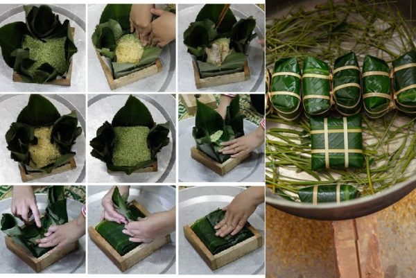 cách gói bánh chưng bằng lá dong và luộc bánh