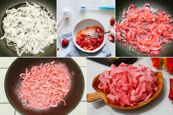 cách làm mứt dừa non sợi vị dâu tây màu đỏ