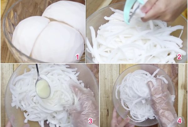 cắt cơm dừa non thành dạng miếng vừa ăn