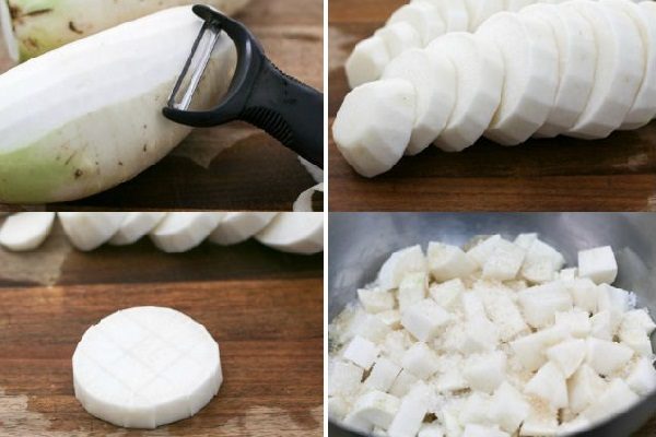 cắt nhỏ củ cải trắng ngâm muối đường