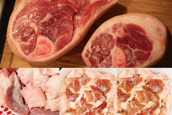 cắt thịt đùi heo và ướp gia vị
