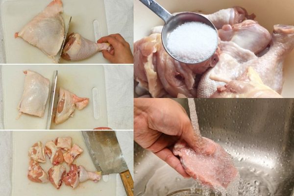 chặt đùi gà và xát muối khử mùi