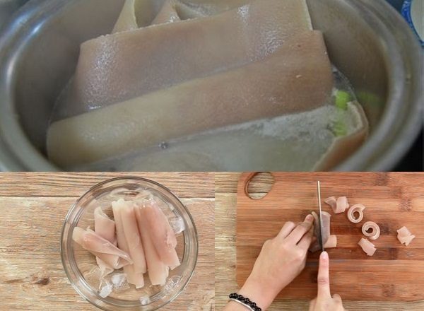 luộc và cắt da heo thành sợi nhỏ