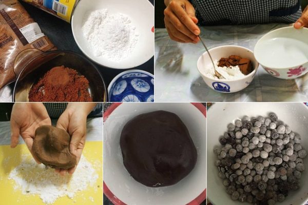 nhào bột làm trân châu màu nâu từ cacao