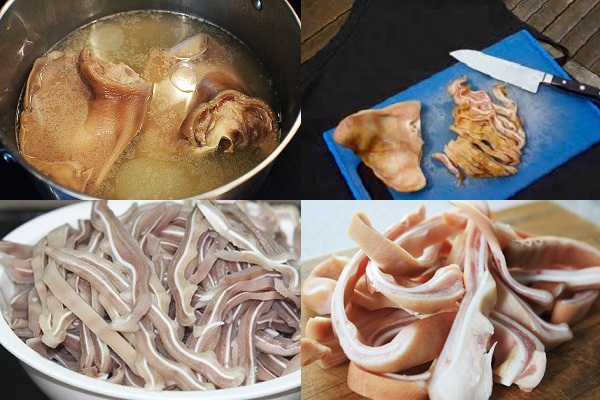 sơ chế tai heo và thái sợi