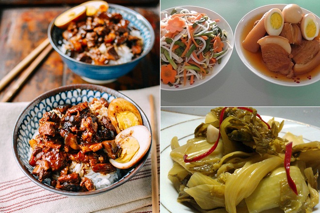 thịt kho tàu ăn với cơm, dưa kiệu
