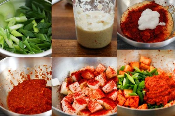 trộn nước sốt ướp kim chi với bột nếp