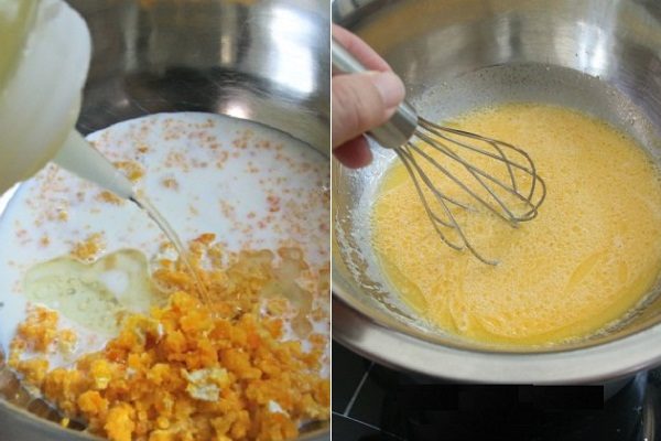 trộn trứng muối với sữa, dầu ăn