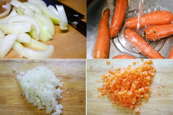 băm nhuyễn hành tây và cà rốt