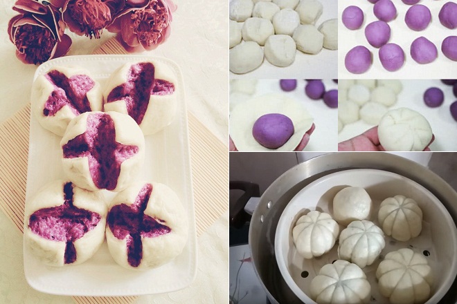 cách làm bánh bao bằng nồi cơm điện nhân khoai lang tím
