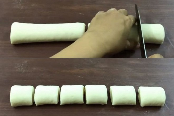 cắt bột làm bánh bao sữa thành 6 khúc
