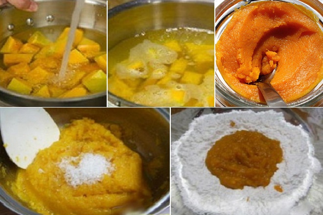 trộn bột làm bánh bao bí đỏ