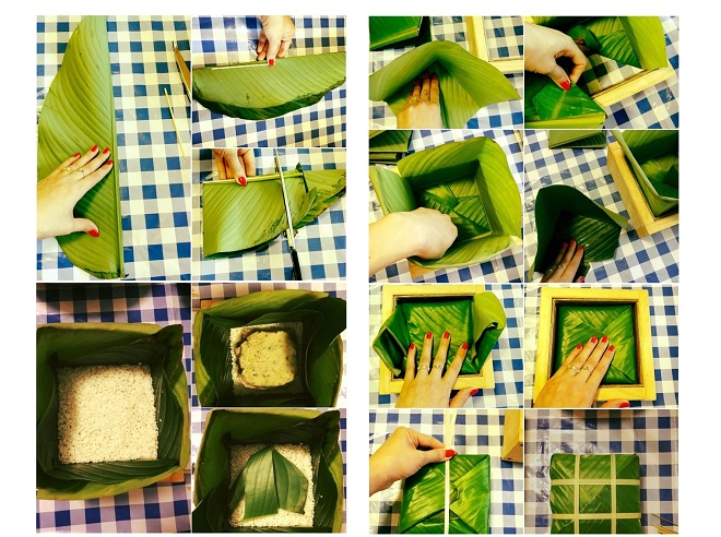 các bước gói bánh chưng bằng khuôn gỗ