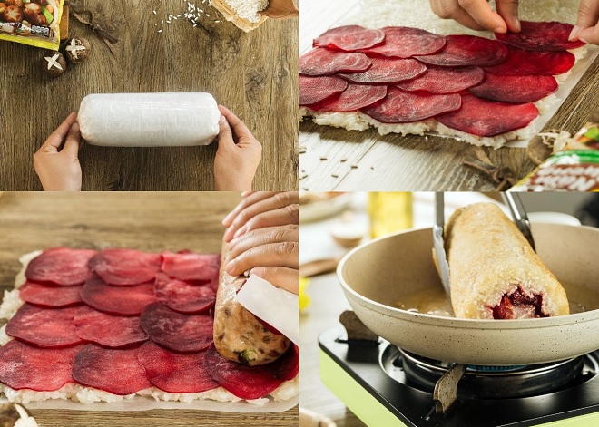 công đoạn cuộn nhân vào vỏ bánh và đem chiên