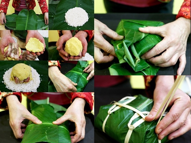 công đoạn gói bánh chưng không cần khuôn