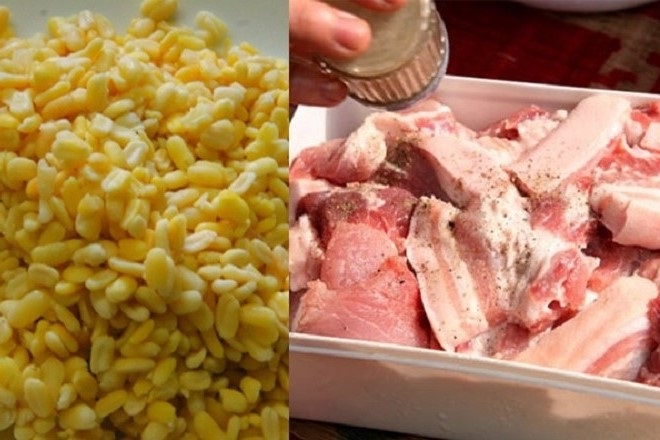 công đoạn sơ chế đậu xanh và ướp thịt