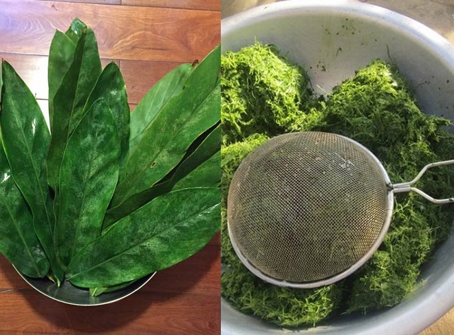 giã lá riềng lấy nước ngâm nếp màu xanh cho bánh chưng