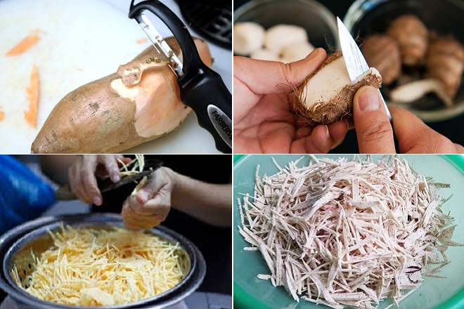 gọt vỏ và bào sợi khoai lang, khoai môn