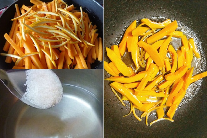 nấu bí đỏ và vỏ với nước đường