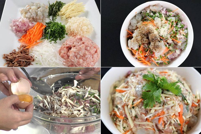 sơ chế và ướp nguyên liệu làm nhân chả giò tôm thịt khoai môn