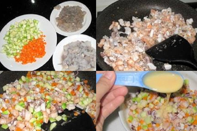 sơ chế và xào nhân làm chả giò sữa hải sản