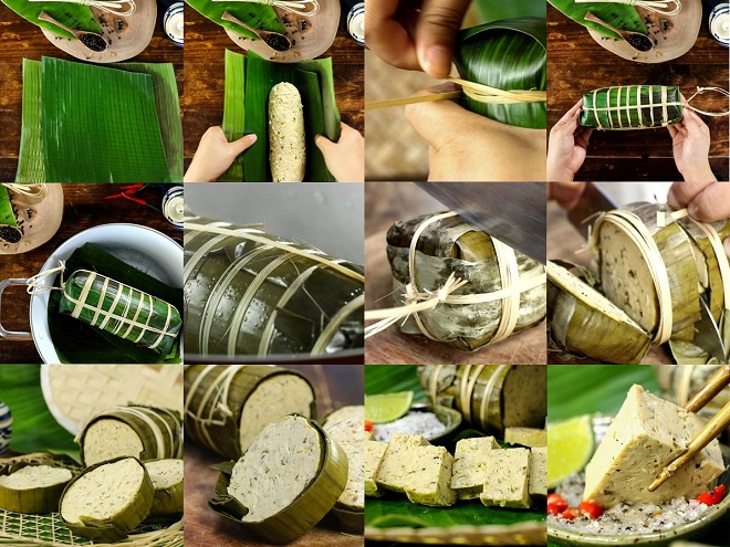 thao tác gói và hấp chả lụa chay