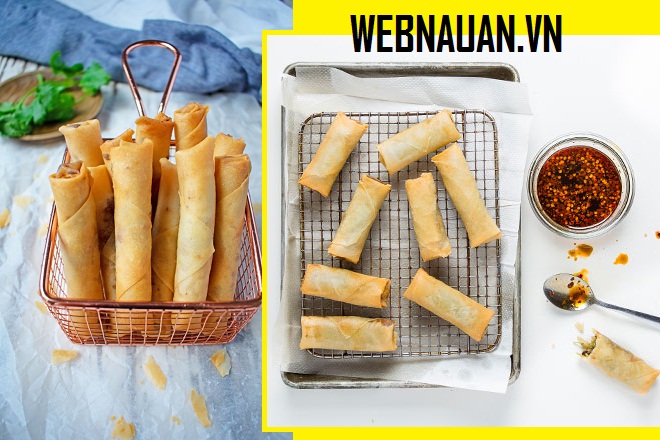 vớt chả giò vừa chiên ráo dầu