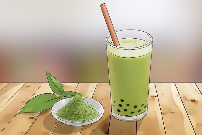chén bột trà xanh và ly trà sữa matcha