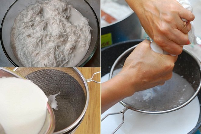 trộn cơm dừa với nước sôi và vắt nước cốt dừa