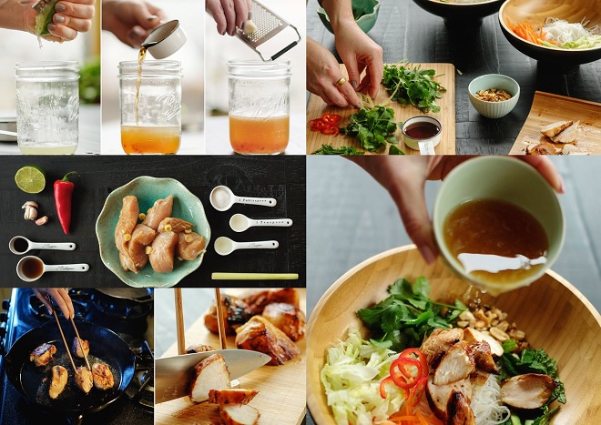 các khâu chế biến thịt gà và sửa soạn rau bún ăn cùng