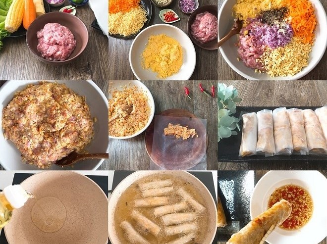 các khâu gói nhân và chiên chả giò
