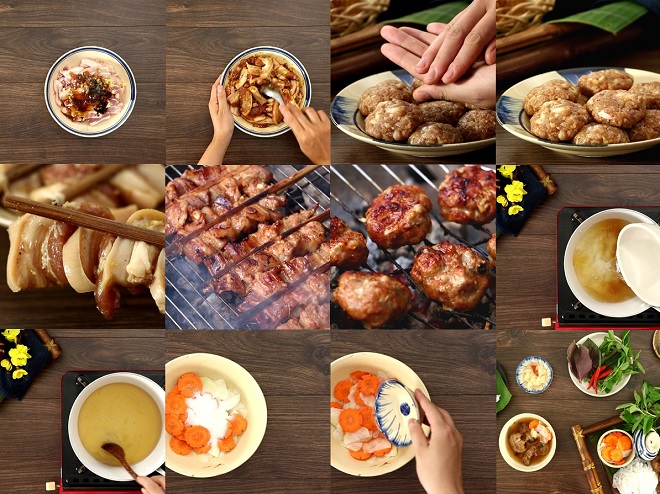chuẩn bị thịt miếng và chả viên nướng cùng đồ chua