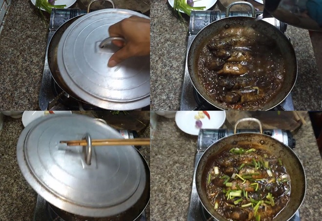 công đoạn đun cá với nước kho đến độ đặc sệt