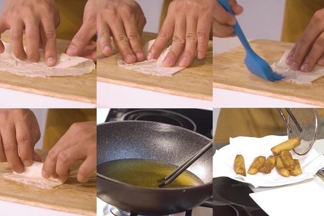 công đoạn gói và chiên chả giò chay