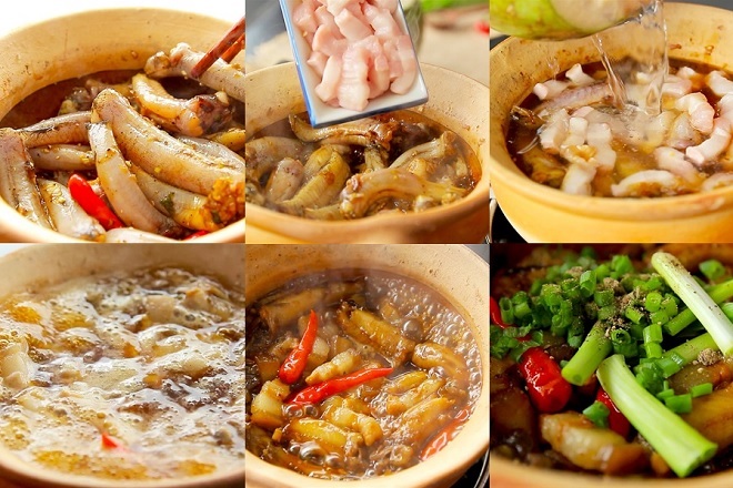công đoạn kho chín cá với thịt ba chỉ