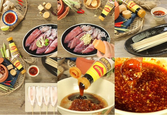 công đoạn xiên thịt mực đã tẩm gia vị và pha xốt phủ ngoài mặt thịt nướng