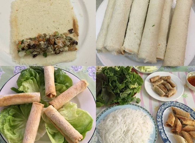 cuốn chả giò bằng vỏ sandwich trước và sau khi chiên
