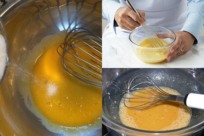đánh lòng đỏ trứng với đường trong tô