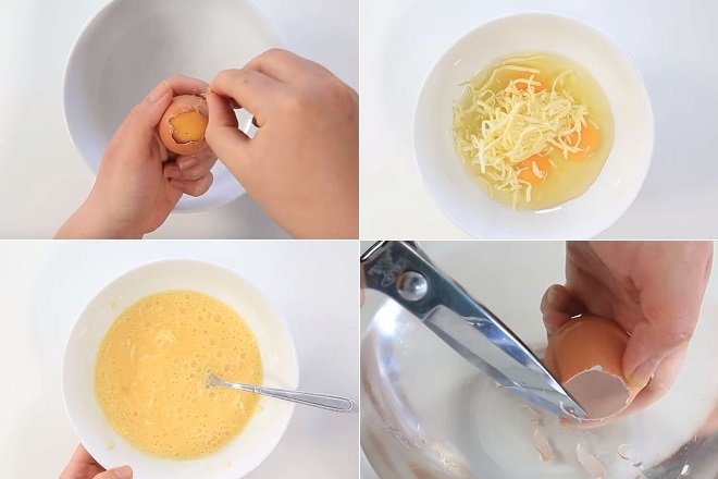đánh lòng trứng gà với gia vị và rửa sạch vỏ trứng