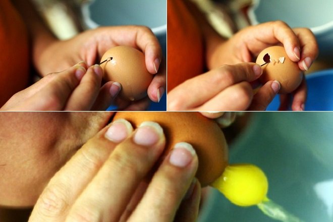 đục lỗ trên vỏ trứng và thổi lòng trứng ra