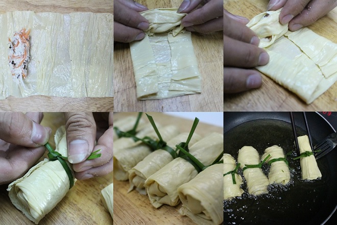 gói nhân trong miếng tàu hủ ky và chiên chả giò