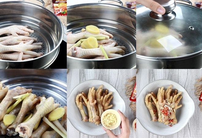 hấp chân gà và trộn thêm sả, tỏi với ớt băm