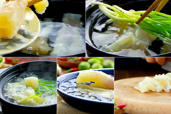 luộc gân bò và cắt nhỏ