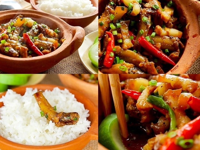 thành phẩm cá bống kho thịt ba chỉ ăn cùng cơm trắng và bầu luộc
